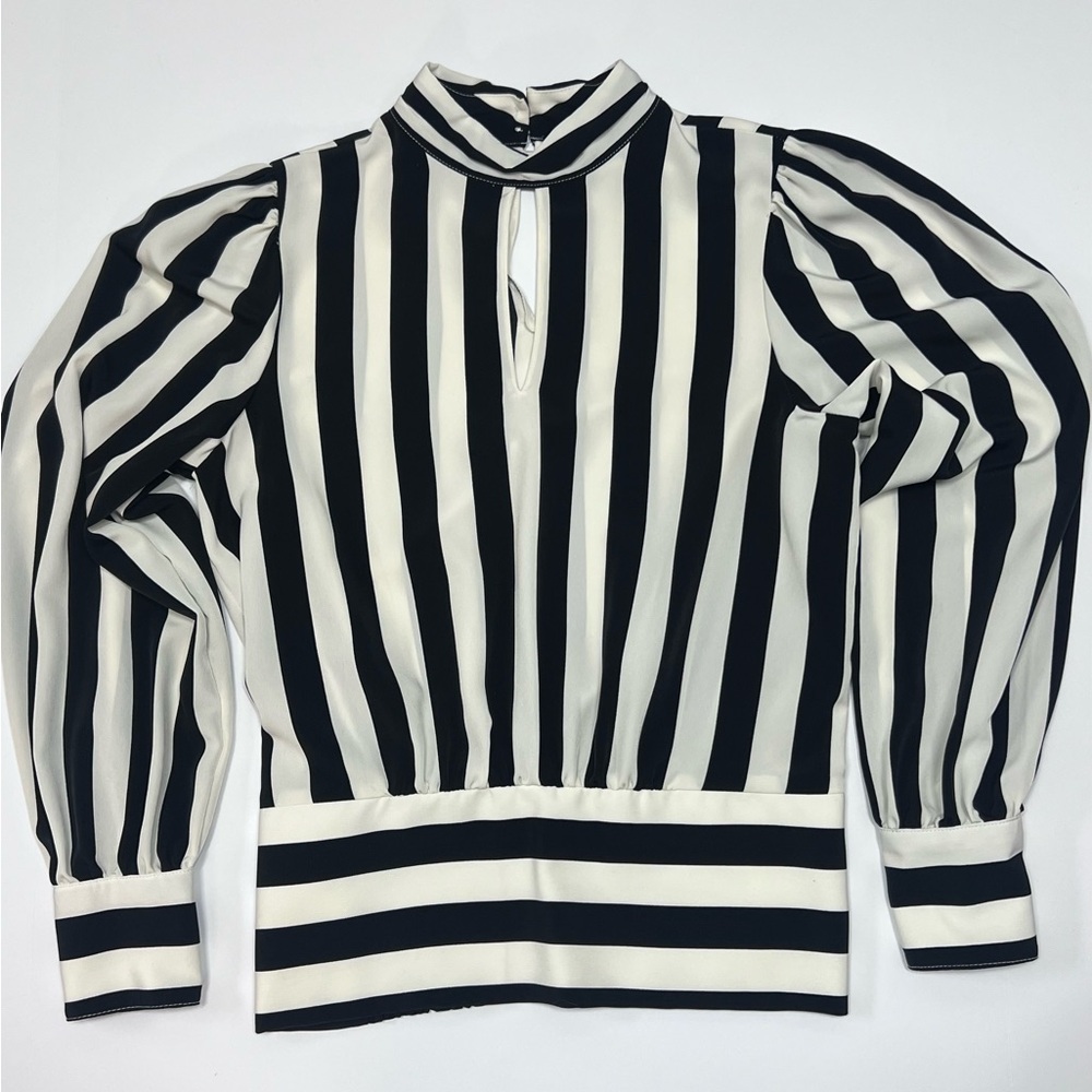 Karl Lagerfeld Paris Black White Striped Puff Sleeve Blouse Keyhole Top